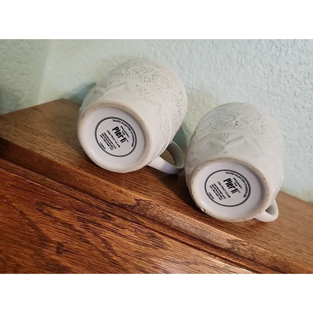 (2) Pier 1 Stoneware Coffee Mugs Hand Painted Chateau Clair Ivory-White Embossed